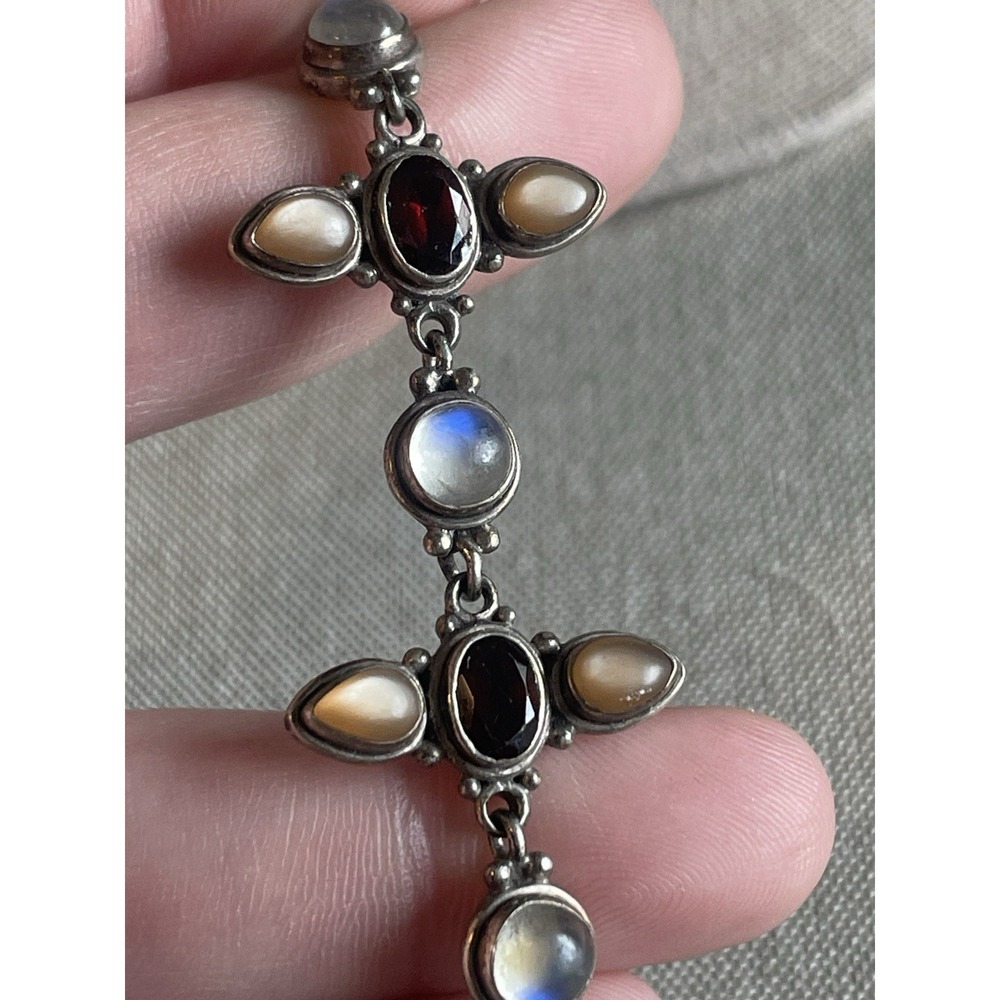 Sajen 925 Sterling Silver Moonstone Garnet Link Bracelet Artisan Boho Ethic